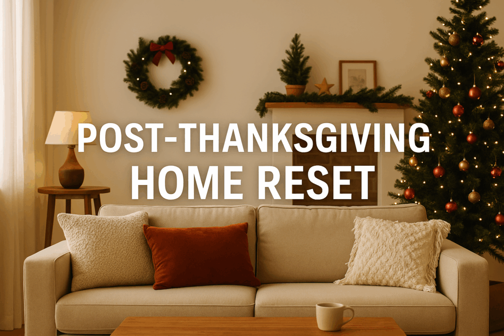 Cozy holiday living room ready for a post-Thanksgiving home reset, styled to represent a Stroudsburg cleaning service preparing a home for winter